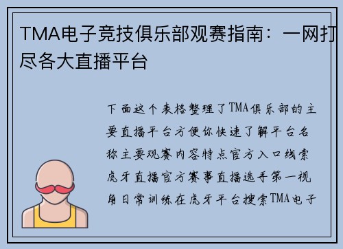 TMA电子竞技俱乐部观赛指南：一网打尽各大直播平台